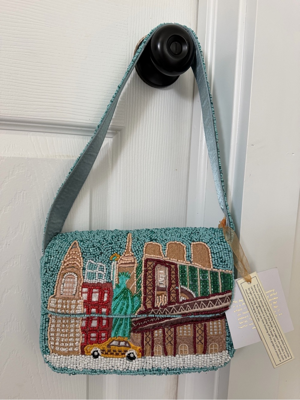 Beaded NYC Cityscape Shoulder Bag in Teal